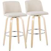 Toriano 30" Swivel Bar Stool in Natural Wood & Cream Noise Fabric with Chrome Footrest (Set of 2)